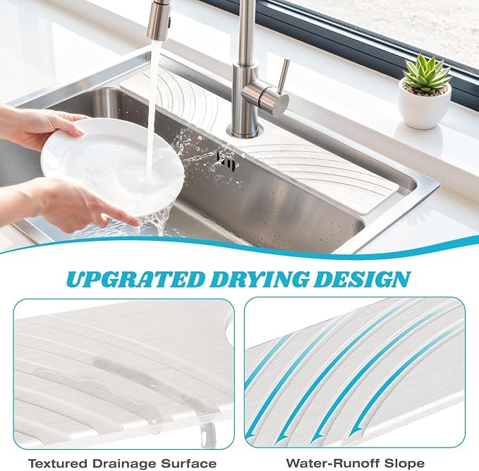 SpaceHacks Stone Faucet Mat for Kitchen Sink 23.7x4 in, White | Fast Drying Diatomite Stone Drying Mat, Water Splash Guard, Textured Drainage Sink Protector, Suits Bathroom&Kitchen Counter - Image 3