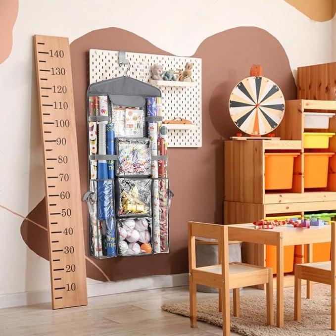 Christmas Wrapping Paper Organizer Storage, Hanging Gift Bag Storage Organizer, Double-Sided Wrapping Paper Holder Storage - Grey - Image 2