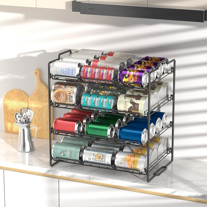 4 Tiers Stackable Can Rack Organizer, Wear-resistant Upgrade Beverage Food Can Dispenser Holder Holds up to 48 Cans for Kitchen Cabinet and Pantry (Black) - Image 3