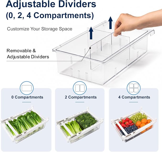 Fridge Drawer Organizer Pull-Out Under Shelf Bin, Adjustable Dividers | BPA-Free Clear Space-Saving Storage - Image 4