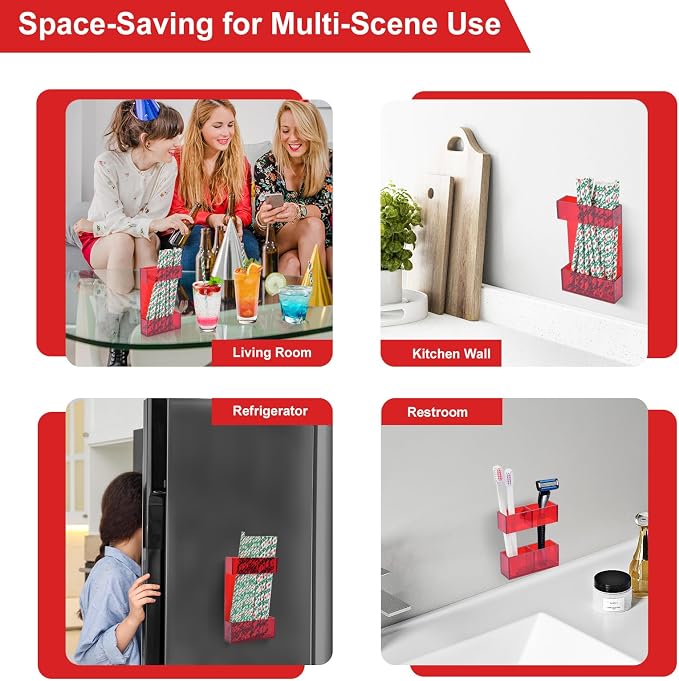 2 PACK Small Acrylic Straw Holder for Cabinet Doors，Straw Organizer Storage with Most Sizes，Multi-Function Kitchen Accessories Container with Adhesive Round Pads(RED) - Image 4