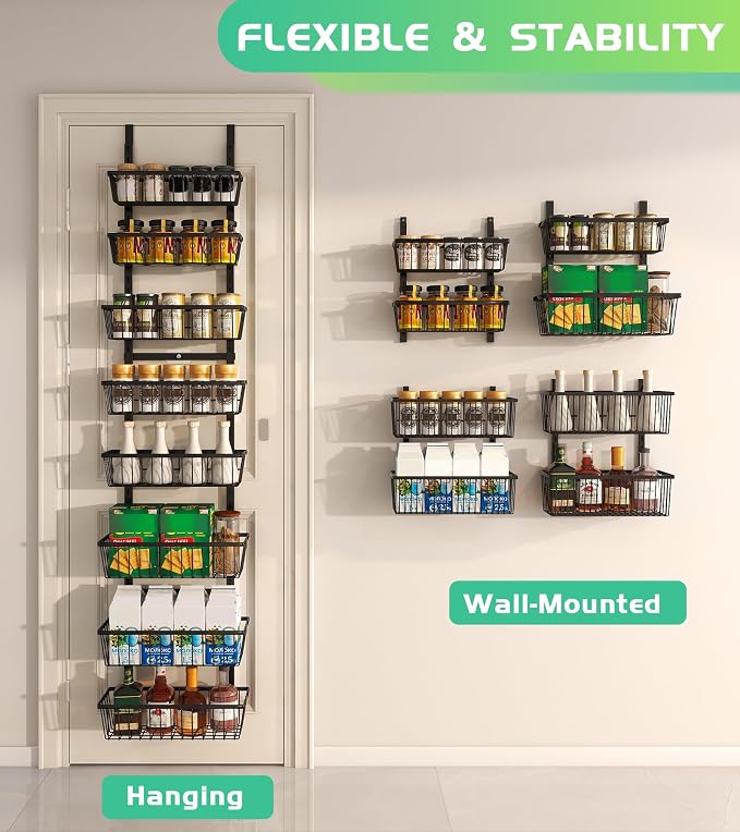 Mefirt 12 Inch Wide Narrow Over The Door Pantry Organizer Black 8-Tier | Pantry Organization and Storage, Metal Hanging Deep Basket Wall Spice Rack Seasoning Shelves, Home & Kitchen Essentials - Image 4