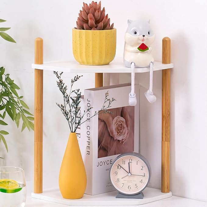 2-Tier Extra Tall Bamboo Corner Shelf, Kitchen Countertop Wine Bottle Organizer, Corner Counter Storage Rack for Pantry, Spice & Wine Organizers and Storage by WooFawn