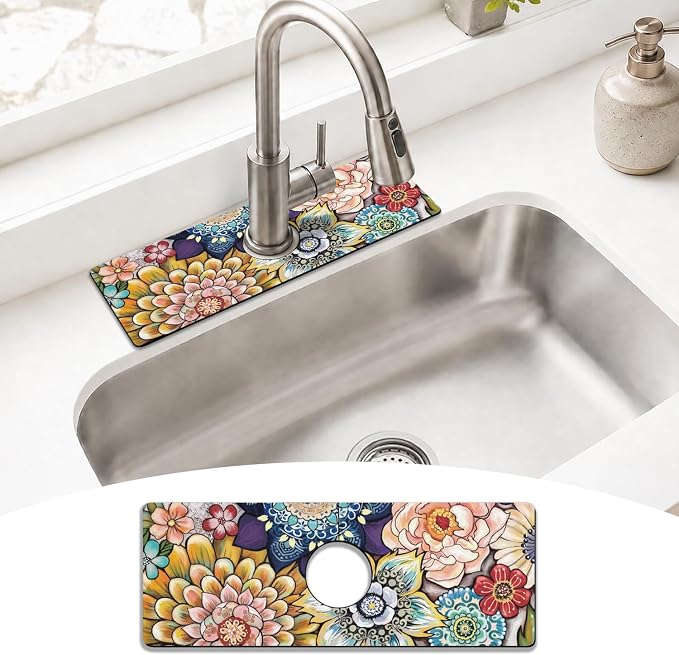 Boho Colorful Mandala Flower Kitchen Sink Splash Guard Faucet Mat,Faucet Non-Slip Absorbent Mat,Farmhouse Sink Splash Guard Behind Faucet for Kitchen Bathroom, 15"x5.5" by puwbnhj