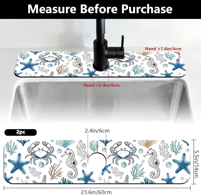 2 Pcs Marine Animals Kitchen Sink Splash Guard Faucet Mat | Faucet Mat for Sinks Absorbing Drying Mat for Kitchen Bathroom, 23.6x5.5inch - Image 2