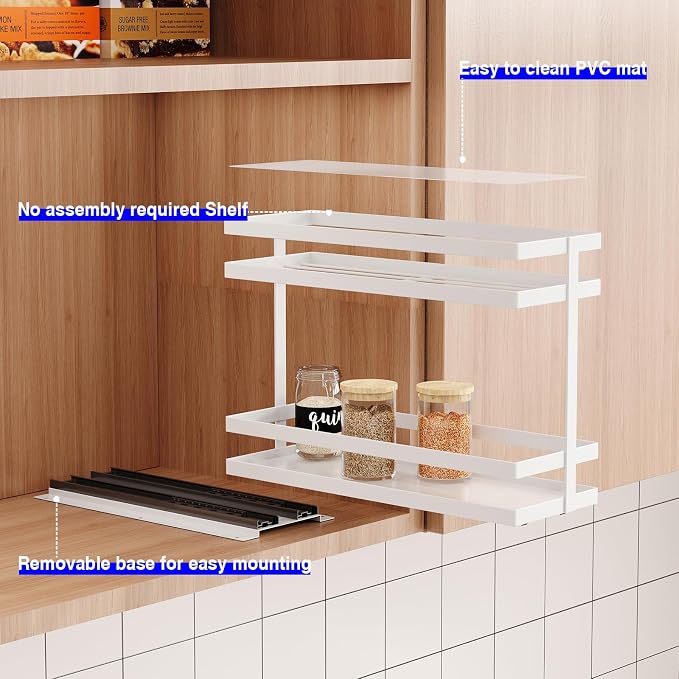 Mustorn 4 Pack Pull Out Spice Rack Organizer for Cabinet, 2 Tier Metal Slide Out Seasoning Organizer and Storage Heavy Duty Vertical Spice Rack Shelf Pullout for Kitchen Cabinets No Drilling (White) - Image 5