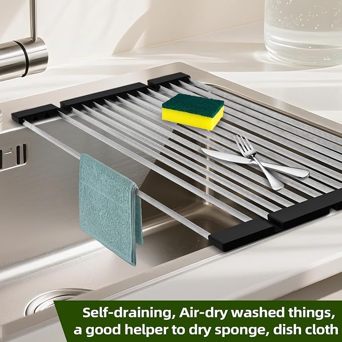 GAViA Roll Up Dish Drying Rack, Foldable Over The Sink Dish Drying Rack | 17.3" x 13", Non-Slip,Heat-Resistant, Anti-Rust,Stainless Steel Sink Drying Mat,Dish Drainer,Sink Cover, All-in-one, Black - Image 8