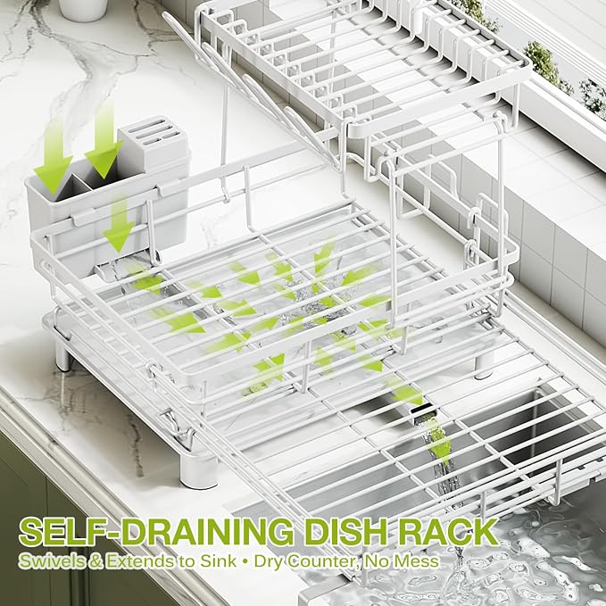 2-Tier Expandable Dish Drying Rack for Kitchen Counter, White | Large Capacity Dish Rack Organization, Heavy-Duty Carbon Steel, 17 lbs Capacity, Swivel Drain Spout & Cup Hooks - Image 2