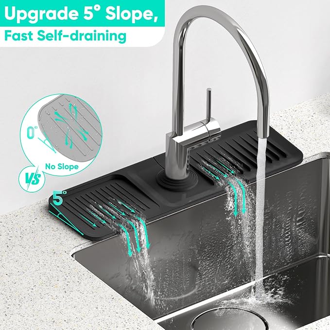 17.7inch Faucet Mat for Kitchen Sink [5°Slope Fast Self-draining] Kitchen Sink Splash Guard Silicone Kitchen Sink Faucet Mat Splash Guard for Kitchen Sink Area Tidy Splash Faucet Guard Draining Mat - Image 2