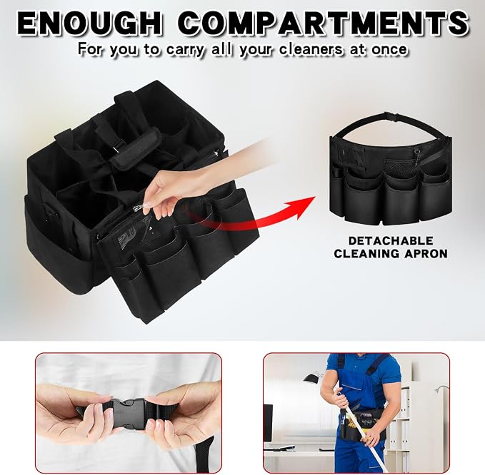 Grekos Wearable Cleaning Caddy Bag, Cleaning Caddy Suppliers Organizer with 4 Foldable Dividers, Handle & Shoulder Straps Cleaning Tool Organizers for Cleaners & Housekeeper (Black) - Image 3
