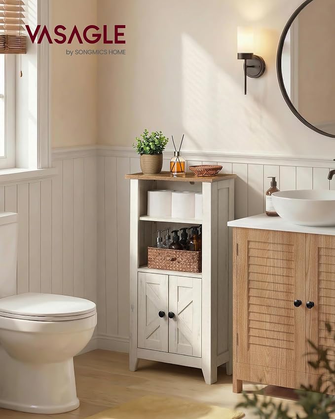 VASAGLE LIRY Collection - Storage Cabinet, Farmhouse Floor Cabinet, Freestanding Storage Organizer for Bathroom Kitchen Entryway, Adjustable Shelf, Cloud White and Rustic Brown UBBK313W101S - Image 3