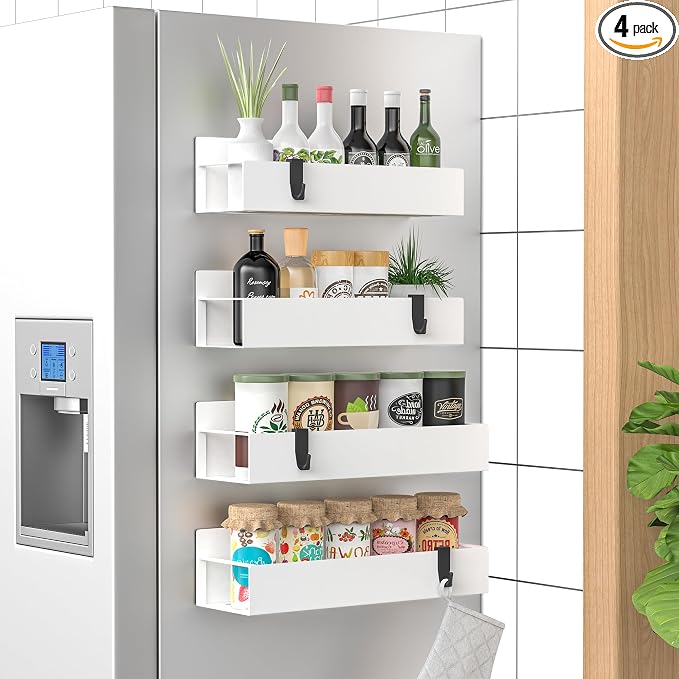 Metal Magnetic Spice Rack for Refrigerator with Hooks White | Magnetic Shelves Heavy Duty for Fridge in Kitchen, Seasoning Storage Organizer, For Oven Washer and Dryer, For Heavier Items by HuggieGems