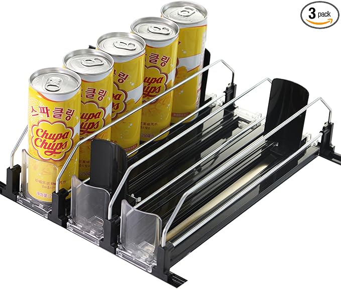 Soda organizer for Fridge, Automatic Push Drink Organizer for Refrigerator - Adjustable Width (Holds 15 Cans), Durable Beer & Drink Dispenser with Self-Pushing Glide System, Black by paogld