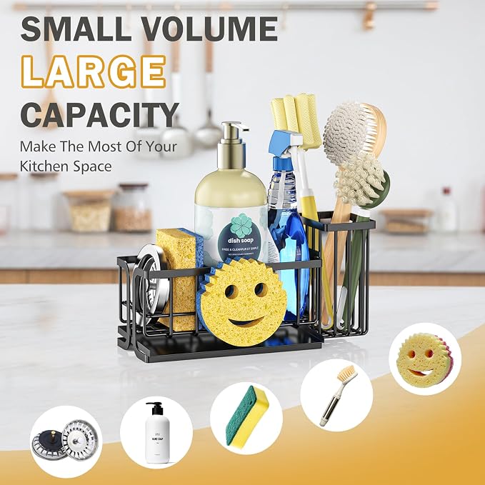 Epicano Sink Caddy Sponge Holder, Smiley Face Sponge Rack with High Brush Holder,Rustproof Kitchen Countertop Organizer,Kitchen Gadgets Sink Accessories, Black - Image 6