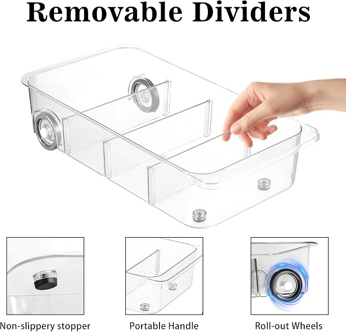 2Pack Roll Out Fridge Caddy Bins Pull Out Drawer with Wheels Refrigerator Organizer Bins with Handles Divided Fruit Caddy for Fridge Pantry Cabinet Storage Cans Drinks - Image 4