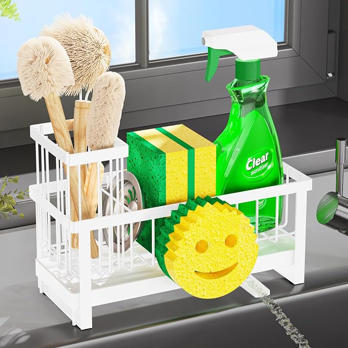 Sponge Holder for Kitchen Sink,Sink Caddy with Removable Dish Brush Holder,Self-Draining Kitchen Countertop Organizers and Storage Essentials,Soap Dispenser Organize and Home Decor-White by Taugast