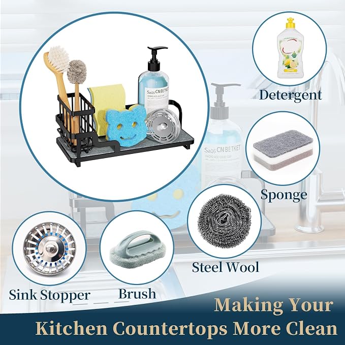 Consumest Sponge Holder for Kitchen Sink - Sink Caddy Organizer with Water Absorbing Stone Tray, Detachable Brush Holder, Stainless Steel Kitchen Counter Organizer Rack, Black - Image 7