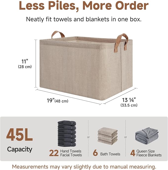 StorageWorks Fabric Storage Bins, Brown and Beige, Extra Large, 2-Pack | 45L, With Reinforced PU Handles, Metal Frame, Collapsible, Storage Basket for Shelves, Closet, Holds Clothes, Towels, Blanket - Image 6