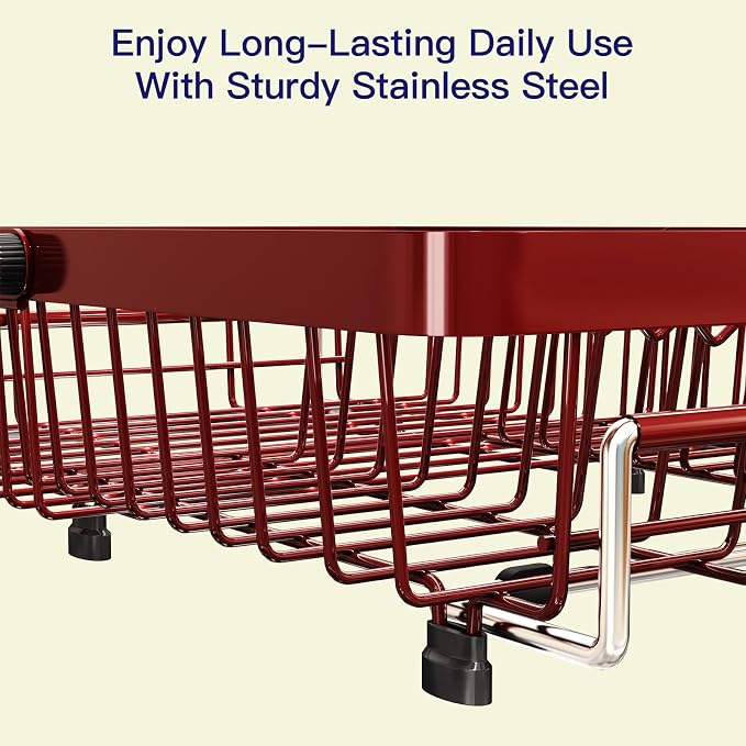 Red Dish Drying Rack Over The Sink with Utensil Holder, Mat | Expandable Stainless Steel Dish Drainer for Small Kitchen, Apartment, RV, Counter Space Saving, Perfect Fit, Rustproof - Image 7