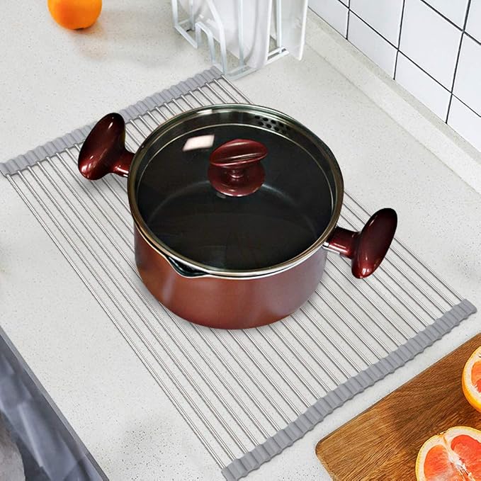 SunCleanse Roll-Up Dish Rack 17.8" x 15" Grey Over Sink Drainer Foldable | Multi-use stainless steel, foldable, for countertop, space-saving, easy to clean and non-slip - Image 4