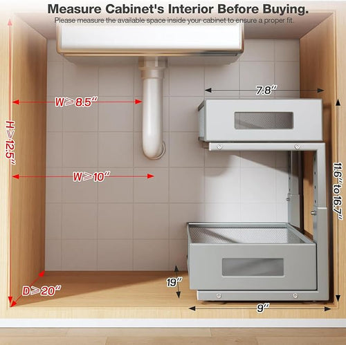 1 Pack 19IN Depth Under Sink Organizer, 2-Tier Pull Out Cabinet Organizer With Smooth Circular Rail, Large Capacity Metal Mesh Sliding Drawers For Bathroom& Kitchen Storage,Height Adjustable-Gun Gray - Image 2