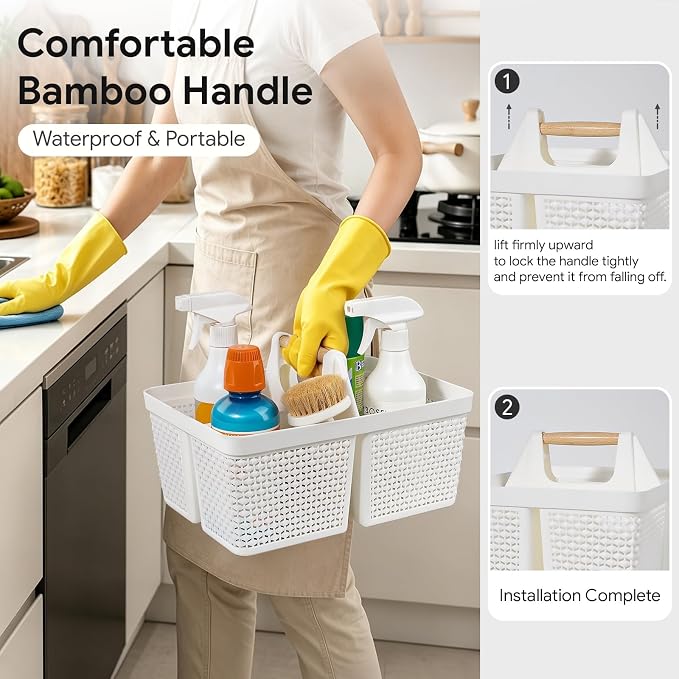 UUJOLY Portable Plastic Shower Caddy Basket with Wooden Handle, White | Divided Storage Organizer Tote for Bathroom, Dorm, College, Kitchen & RV – Lightweight, Easy-Carry Essentials Caddy - Image 2
