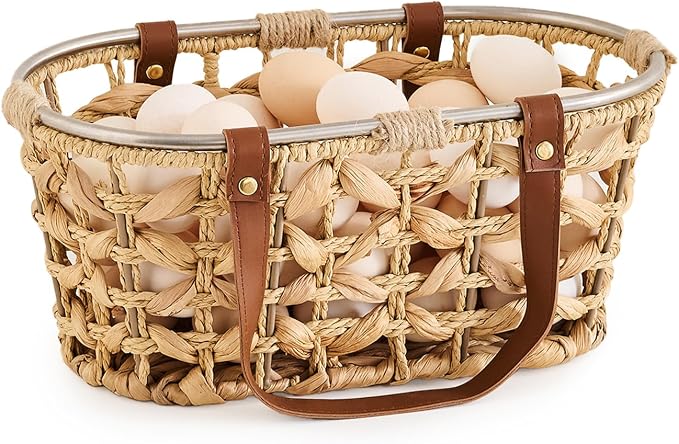 Egg Baskets for Collecting Fresh Eggs Farmhouse Handmade Wicker Hyacinth Egg Collecting Basket with Handle by LGENHOOMHandwovenNaturalWaterHyacinthBasket