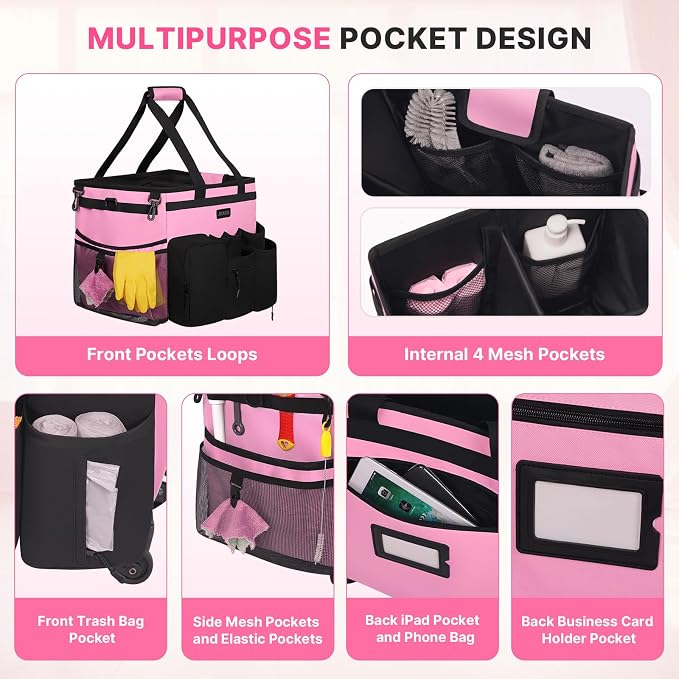 JKAOO Large Rolling Cleaning Caddy Bag with Detachable Trolley, Pink | Waterproof Cleaning Caddy with Wheels, 40L Wheeled Organizer Cart for Supplies, Housekeepers, Home, Office, Car, Picnic - Image 5