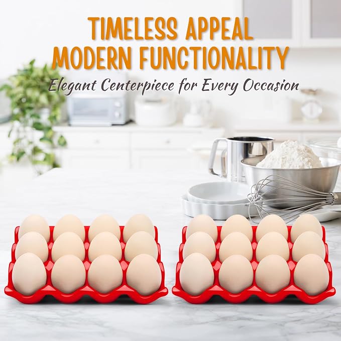 Flexzion 12 Cups Ceramic Egg Holder for Fridge - Dozen Ceramic Egg Tray Porcelain Container Storage Organizer Decorative Serving Stand Serveware for Refrigerator Countertop Display (Red, 2 Pack) - Image 5
