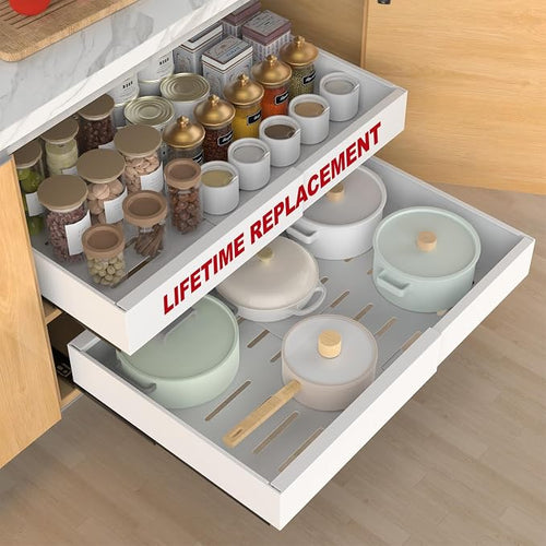 1-Pack Expandable Pull Out Cabinet Organizer 21"Deep(12.2"-20.5"W), 3 Full Extension Glides Slide Out Drawers, Roll Out Shelves Adhesive Raising Pad,Compatible Framed Cabinets,90lb Cap,White by ANTOWIN