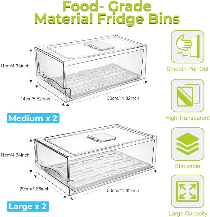 4Pack Fridge Organizer, Stackable Refrigerator Organizer Bins | Reusable Food Storage Containers, BPA-Free with Drain Tray for Kitchen, Refrigerator, Pantry (4 Drawers, Large, Medium) - Image 3