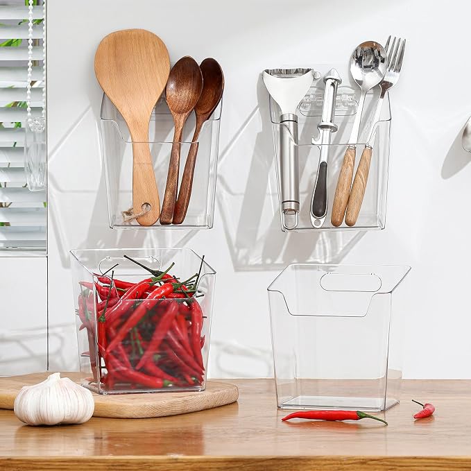 Clear Acrylic Pen Holder, 6 Pack Cabinet Door Organizer Adhesive, Bathroom Wall Mount Caddy Kitchen Plastic Storage Bin Box for Office Marker,Art Supply, Small Cleaning Supply, Seasoning Drink Packet - Image 2