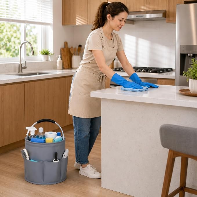 Cleaning Caddy with Handle, 17L Foldable Storage Basket, Heavy Duty 600D Oxford Cloth Organizer, Portable Supply Bag, Multi-Purpose Supplies Caddy for Home, Bathroom, Kitchen, Garden - ( Dark Gray ) - Image 5