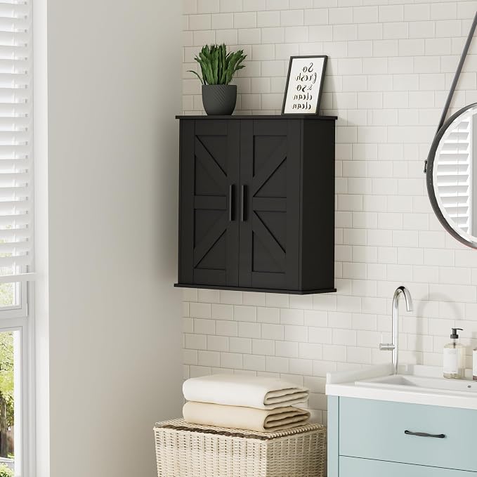 Homleke Bathroom Wall Cabinet, Medicine Cabinet with Adjustable Shelves | 3-Tier Wall Mounted Over Toilet Storage with Barn Doors, for Bathroom, Kitchen, Entryway, Laundry Room, Black, (7.9" D) - Image 8