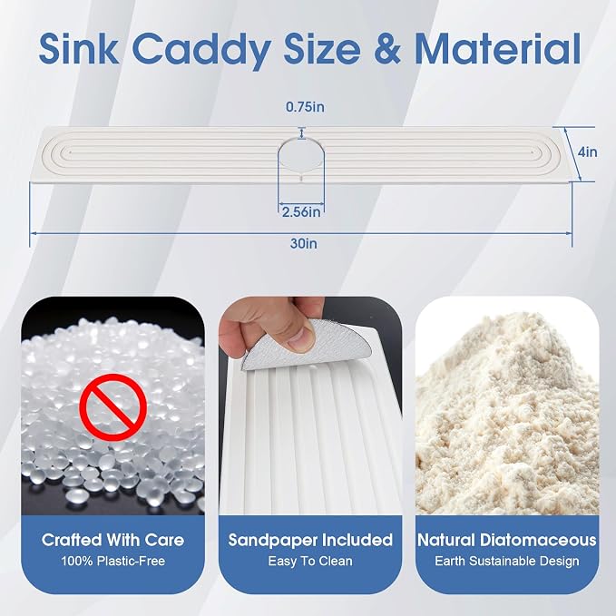 Stone Faucet Mat for Kitchen Sink, Silicone Faucet Handle Drip Catcher Tray Mat, Silicone Kitchen Sink Splash Guard for Bathroom Counter Kitchen Counter Accessories, White, 30" x 4" - Image 3
