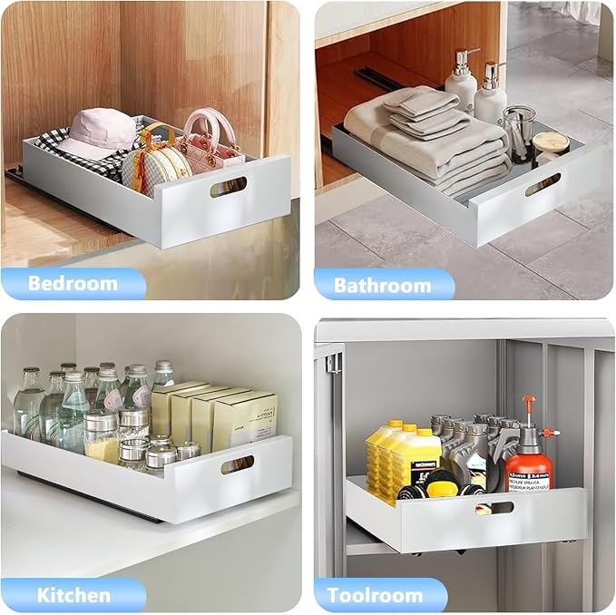 2 Pack Pull Out Cabinet Organizer Adhesive, 10" Wide 16.9" Deep Pull out Drawers for Face Frame or Frameless Cabinets, No Drill Heavy Duty Carbon Steel Drawer, Pantry Cabinet Shelf - Image 6