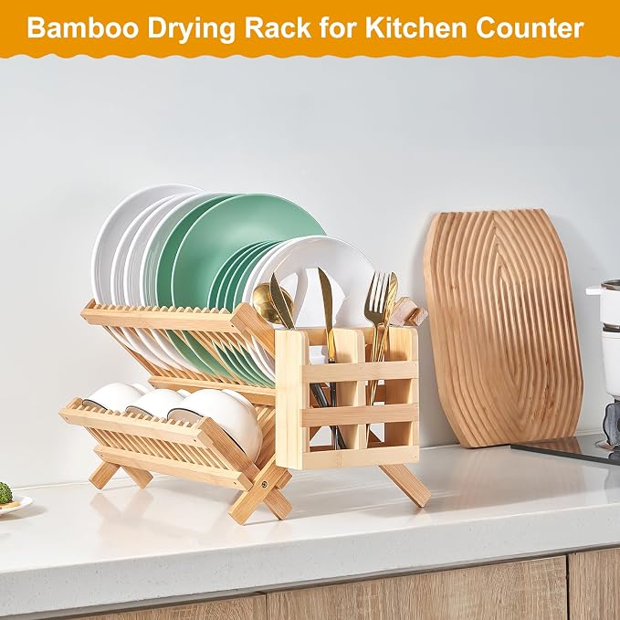 Bamboo Dish Drying Rack, 2 Tier Collapsible Dish Rack with Utensil Holder, Wooden Dish Drying Rack for Kitchen Counter, Large Folding Drying Holder, Dish Drainer 34 pcs Grid | Wooden Dish Drying Rack with Utensil Holder for Kitchen Counter, Large Foldi... - Image 3
