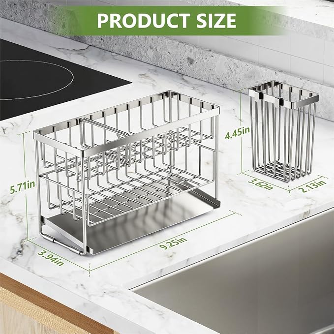 Cisily Silver 2-Tier Kitchen Sink Caddy Organzier Rack with Flexible Dish Brush Holder, Sponge Holder for Kitchen Sink Countertop Organization Storage,Home Decor Stainless Steel - Image 5