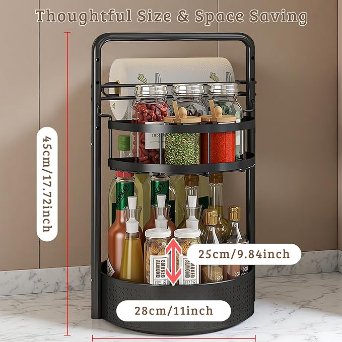 Rotating Spice Rack with Paper Towel Holder, Black | 2 Tier Turntable Lazy Susan, Durable Iron, Seasoning Organizer, For Kitchen Countertop - Image 4
