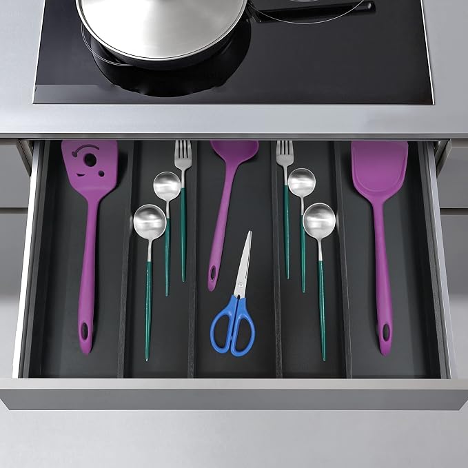 Utoplike Bamboo Drawer Organizer Kitchen Utensils, Silverware Tray Black | Adjustable Cutlery Holder Organiser, Expandable Drawer Divider for Flatware, Knives in Kitchen, Bedroom, Livingroom, 3-5 Slot - Image 4