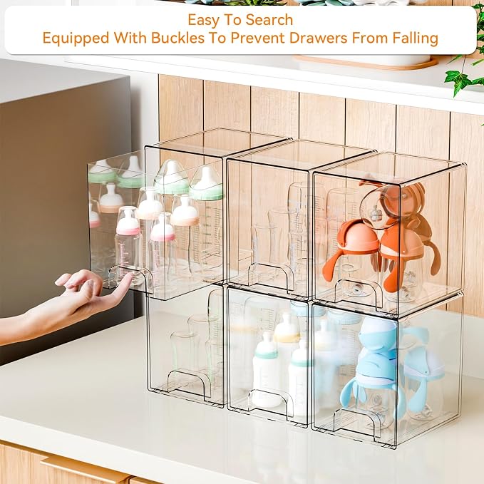 2 Pack Clear Stackable Storage Drawers,7.6" H Baby Bottle Organizer,Acrylic Drawer Containers for Cosmetics,Skincare,Beauty Products,Cabinet,Vanity,Kitchen,Under Sink and Bathroom Storage Bins - Image 5