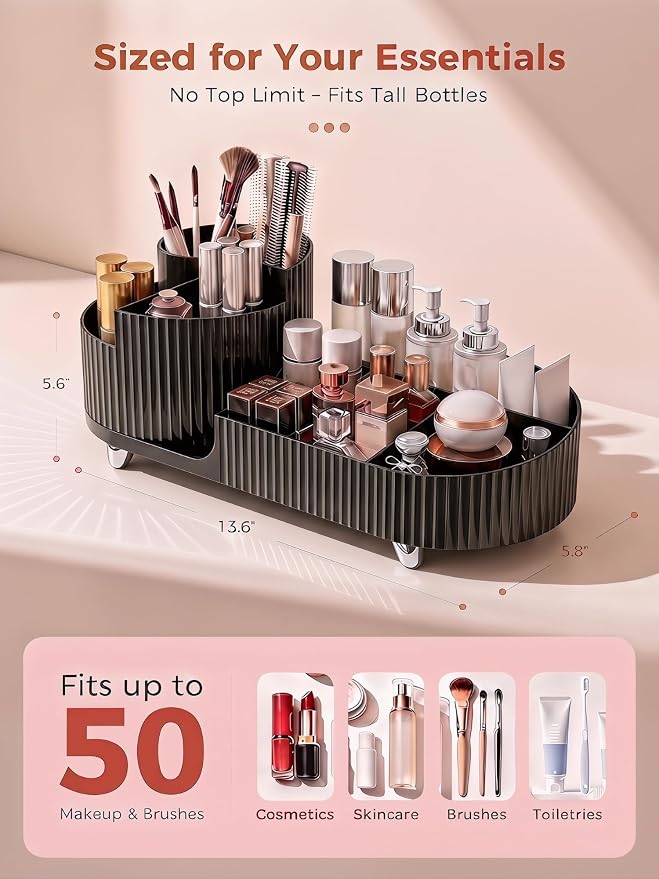 Booklov Rotating Makeup Organizer for Vanity Countertop, Black | Plastic Cosmetic Display Case, Large Beauty Brush Holder for Bathroom Counter, Skin Care Perfumes Storage - Image 2
