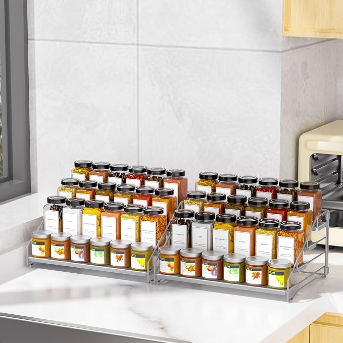 BOIVSHI 4 Tier Spice Rack for Cabinet, Depth Adjustable Spicy Shelf,Gray | Metal Seasoning Organizer, Kitchen Spicy Shelf for Countertop, Screwless Assembly Pantry Storage for for Spices, Jar, Bottle - Image 2