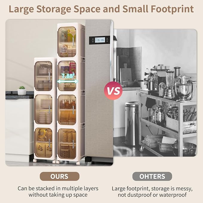 3 Tier Slim Bathroom Storage Cabinet, Foldable and Movable, Beige | Tools Free, ABS and PET, Magnetic Clear Door, Adjustable Shelves, Lockable Wheels, Water Resistant, For Narrow Space - Image 3