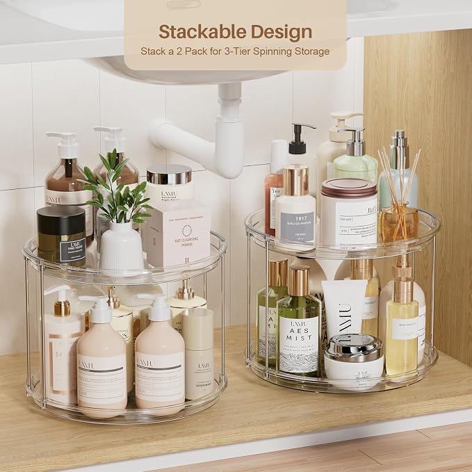 LAMU 2Pack 2 Tier Lazy Susan Organizer 12 inch Large Lazy Susan Turntable Rotating Spice Rack Organization for Cabinet, Kitchen, Pantry, Countertop, Bathroom, Vanity, Medicine Cabinet Organizer, Clear - Image 4