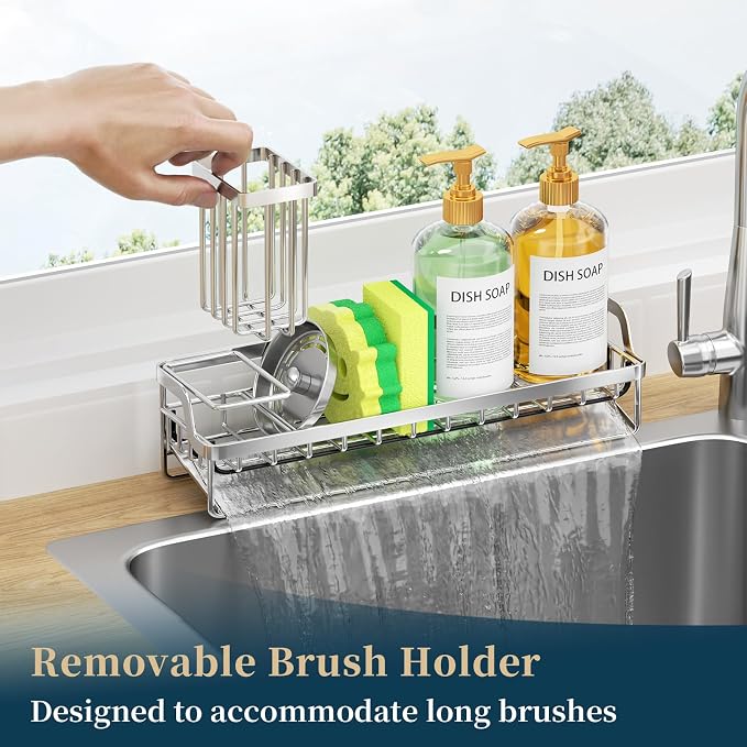 Consumest Sponge Holder for Kitchen Sink - Sink Caddy with Stainless Steel Self Drain Tray, Sink Organizer with High Brush Holder Countertop for Kitchen Sink Accessories, Silver-Extra Large - Image 4
