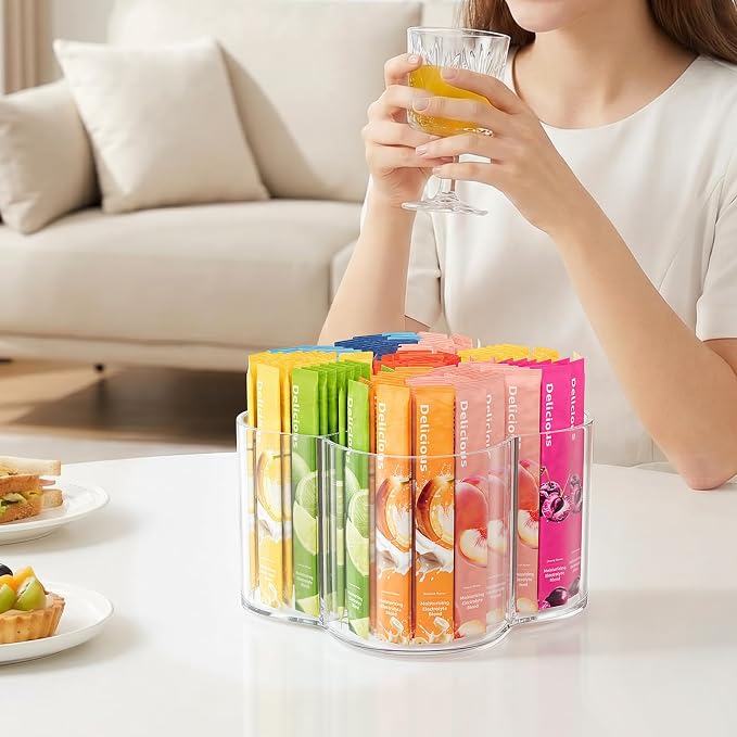 Drink Packet Organizer for Powdered Drink Mix, Divided Rotating Lazy Susan | Lazy Susan Turntable Organizer for Powder Packet, Clear Turntable Organizer Tray for Water Flavor Packets, Powder Mixes - Image 3