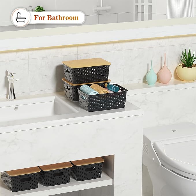Ohmlove 6 Pack Plastic Storage Baskets with Bamboo Lids for Organization | Stackable Storage bins, Storages Baskets for Organizing Shelves Drawers Desktop Closet Playroom Classroom Office,Black - Image 7