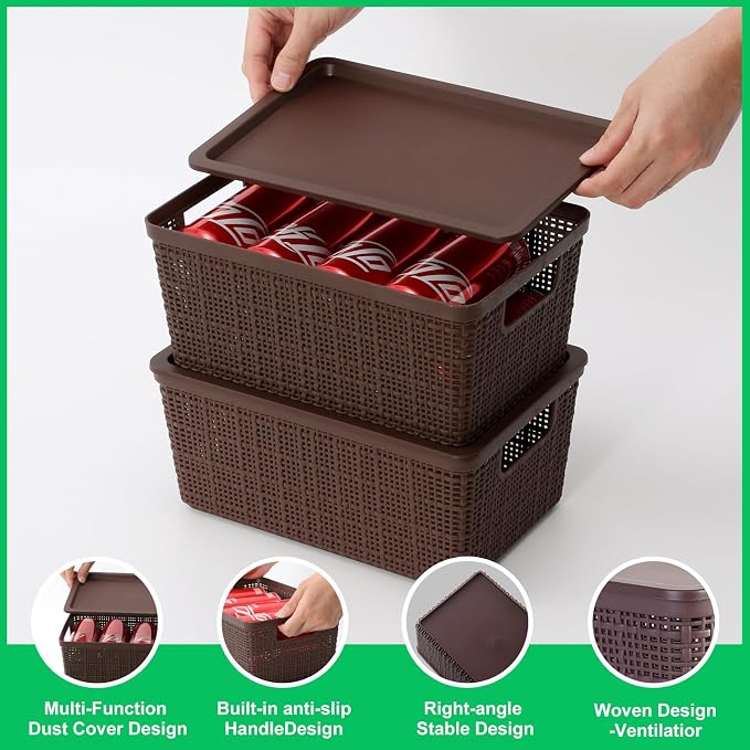 6 Pack Plastic Storage Baskets with Lid,Brown Stackable Bins | Durable Woven Plastic With handle Breathable,Save space ,For Organizing Desktops, Closets, Playrooms, Classrooms, Offices - Image 4