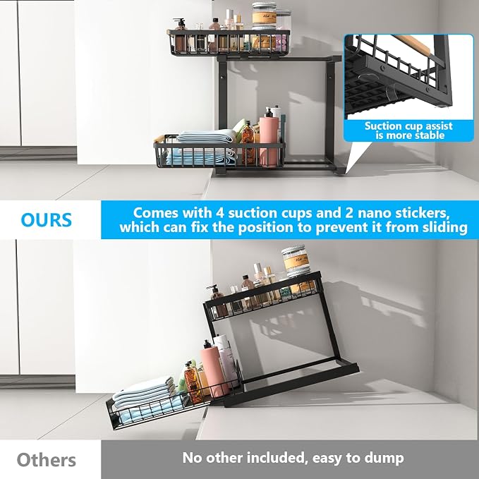 Merrylun Under Sink Organizers, 5 Adjustable Height,Metal Pull Out Under Sink Organizers and Storage Shelves with Sliding Drawer, Black 1pack（Hight 13.6″-16.9″） - Image 4